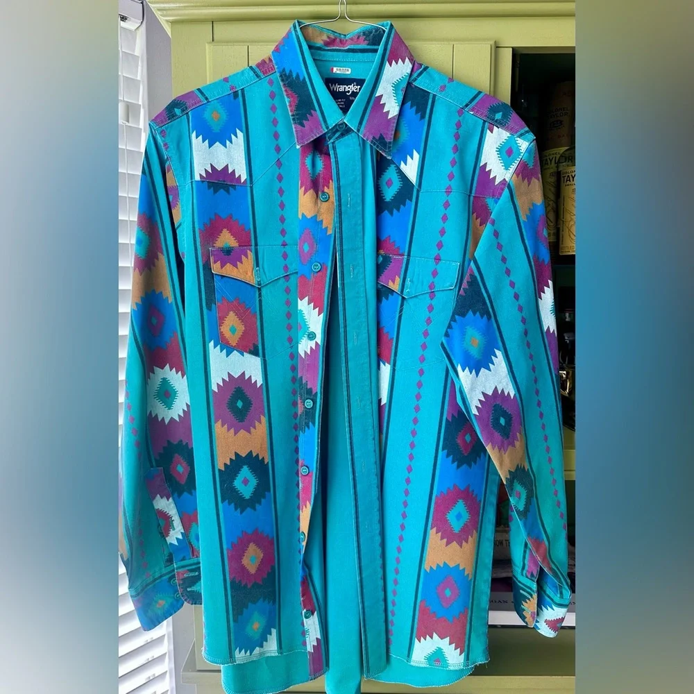 Vintage Wrangler Turquoise and Purple Geometric Shirt - Picture 1 of 8